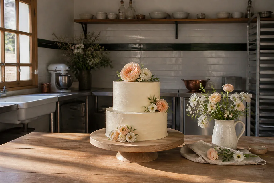 Gâteau de mariage préparé dans un atelier — illustration générée par IA
