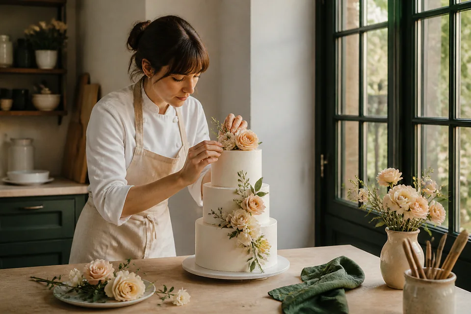 Gâteau de mariage préparé dans un atelier — illustration générée par IA