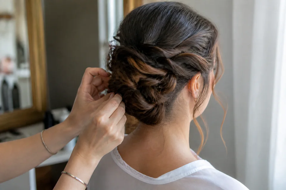 Coiffure de cérémonie vue pendant la préparation — illustration générée par IA
