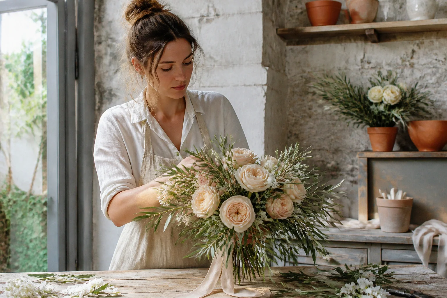 Préparation florale pour un mariage — illustration générée par IA