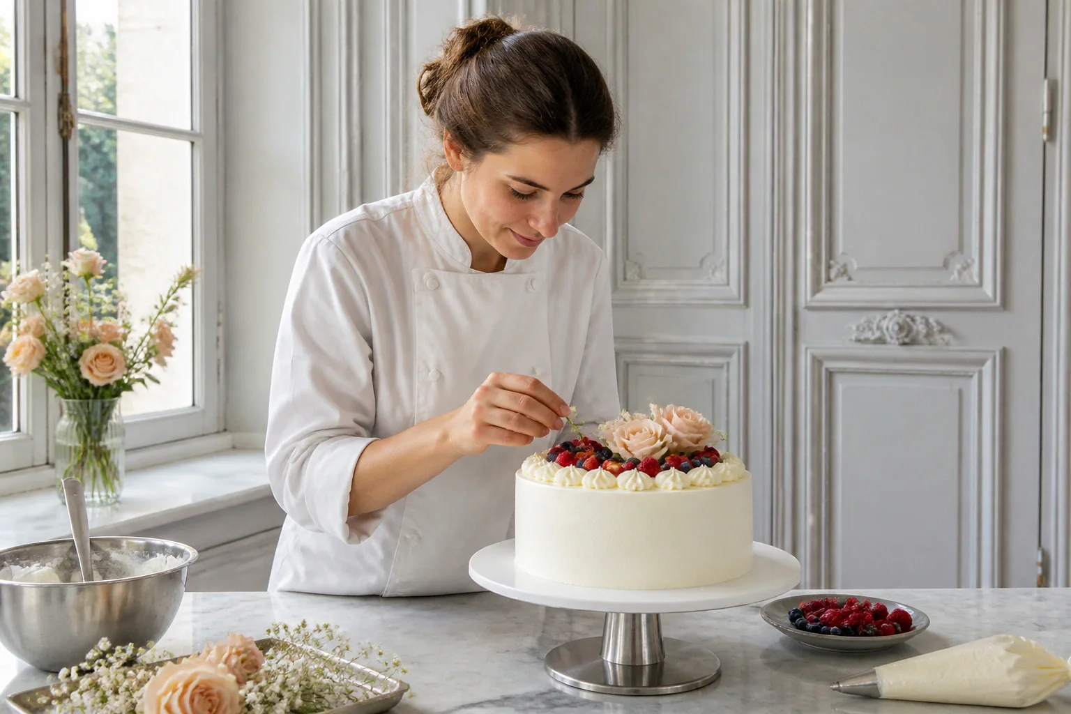 Gâteau de mariage préparé dans un atelier — illustration générée par IA