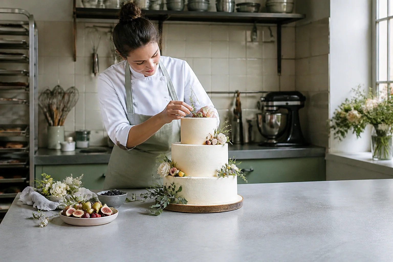Gâteau de mariage préparé dans un atelier — illustration générée par IA