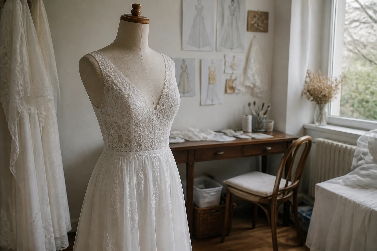 Robe de mariée dans un atelier de confection — illustration générée par IA