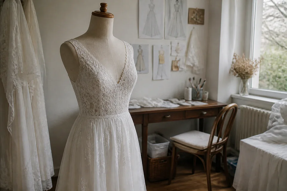 Robe de mariée dans un atelier de confection — illustration générée par IA