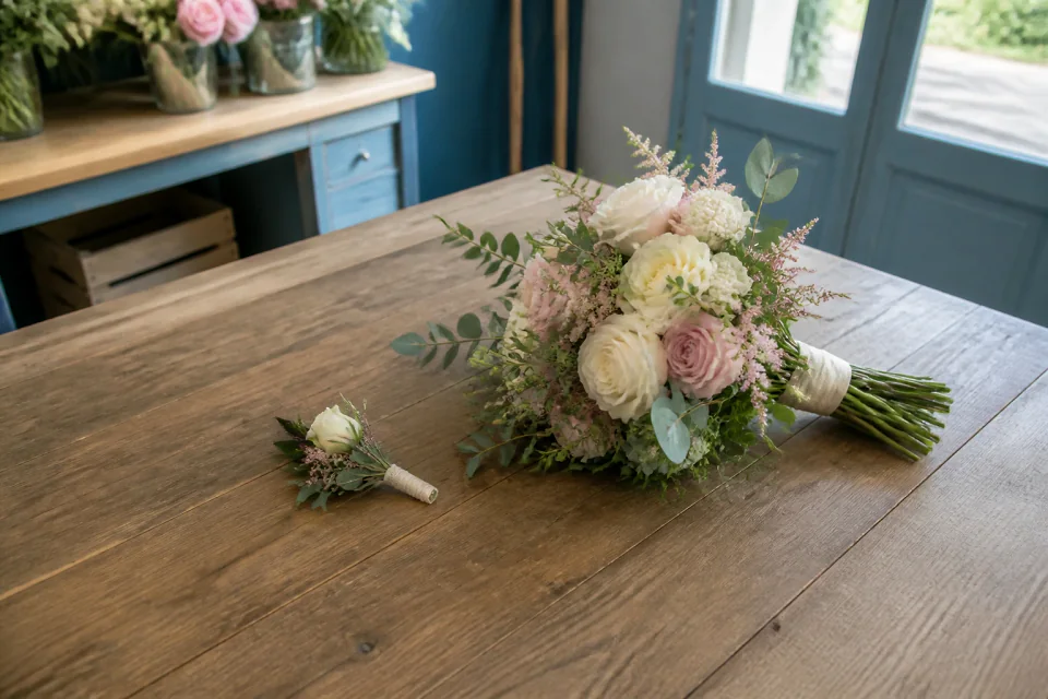 Préparation florale pour un mariage — illustration générée par IA