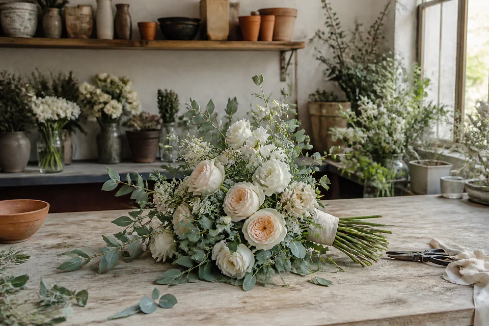 Préparation florale pour un mariage — illustration générée par IA