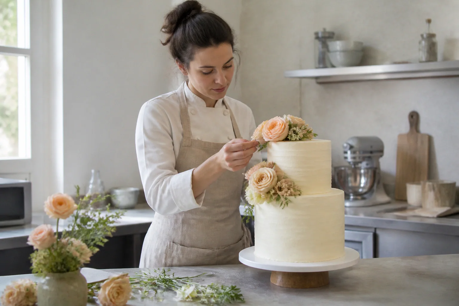 Gâteau de mariage préparé dans un atelier — illustration générée par IA