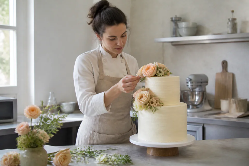Gâteau de mariage préparé dans un atelier — illustration générée par IA