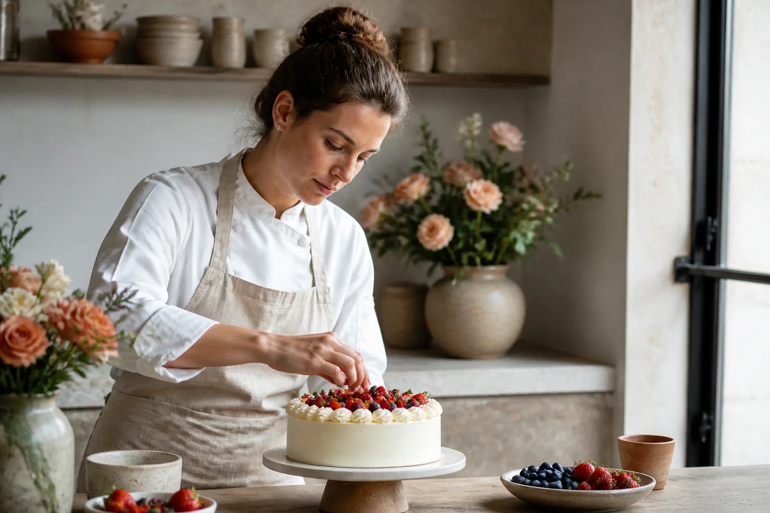 Gâteau de mariage préparé dans un atelier — illustration générée par IA