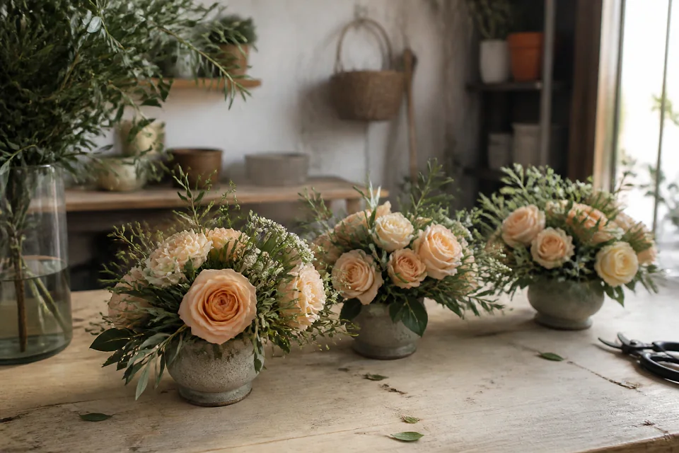 Préparation florale pour un mariage — illustration générée par IA