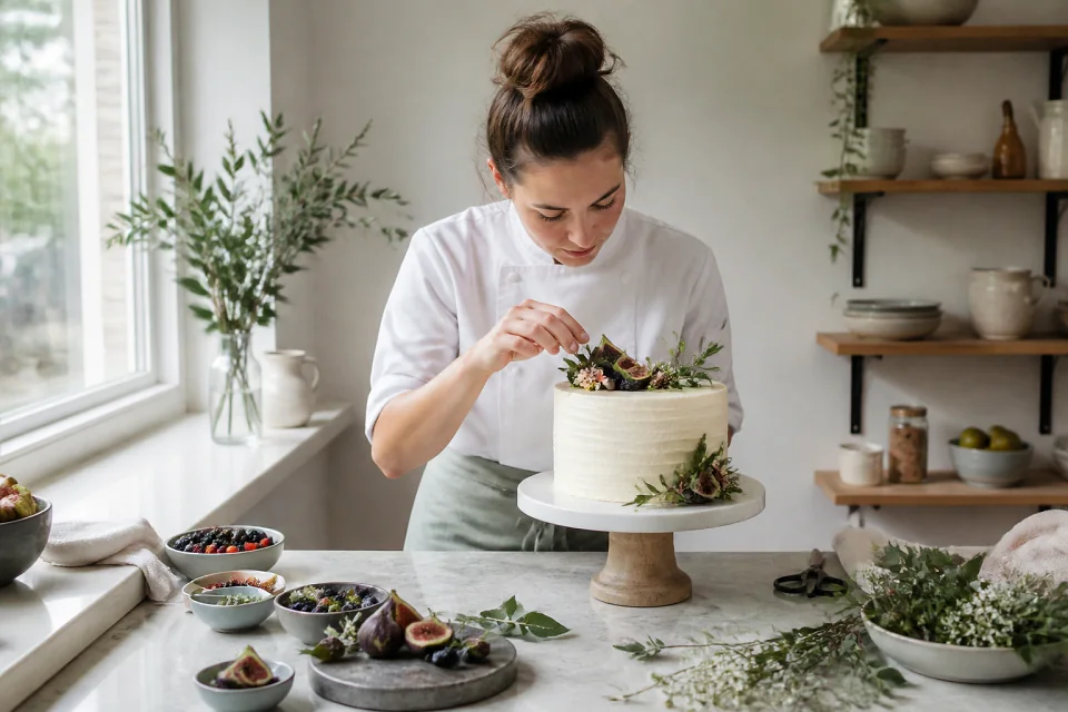 Gâteau de mariage préparé dans un atelier — illustration générée par IA