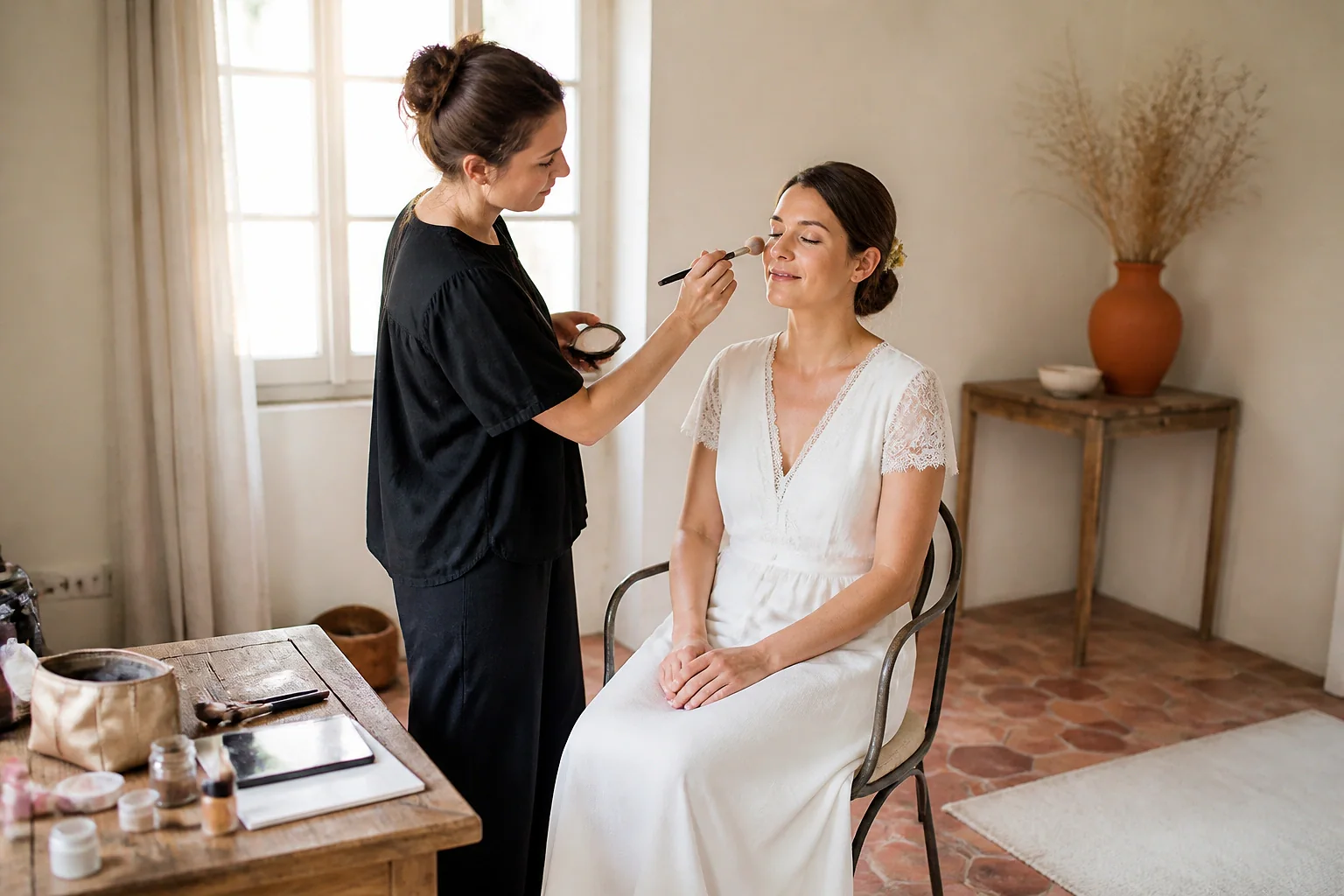 Préparation d’un maquillage de mariage — illustration générée par IA