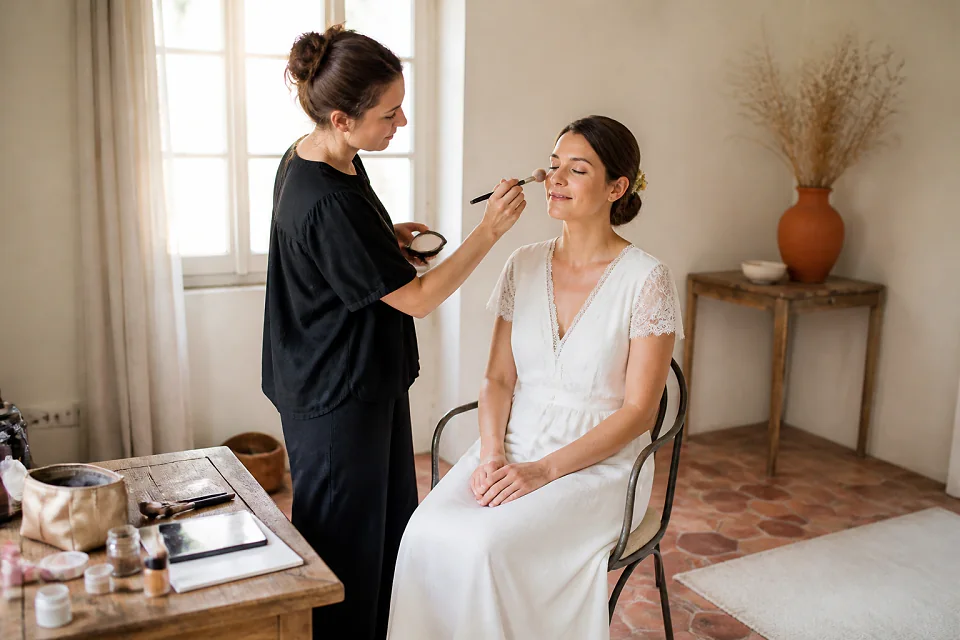 Préparation d’un maquillage de mariage — illustration générée par IA