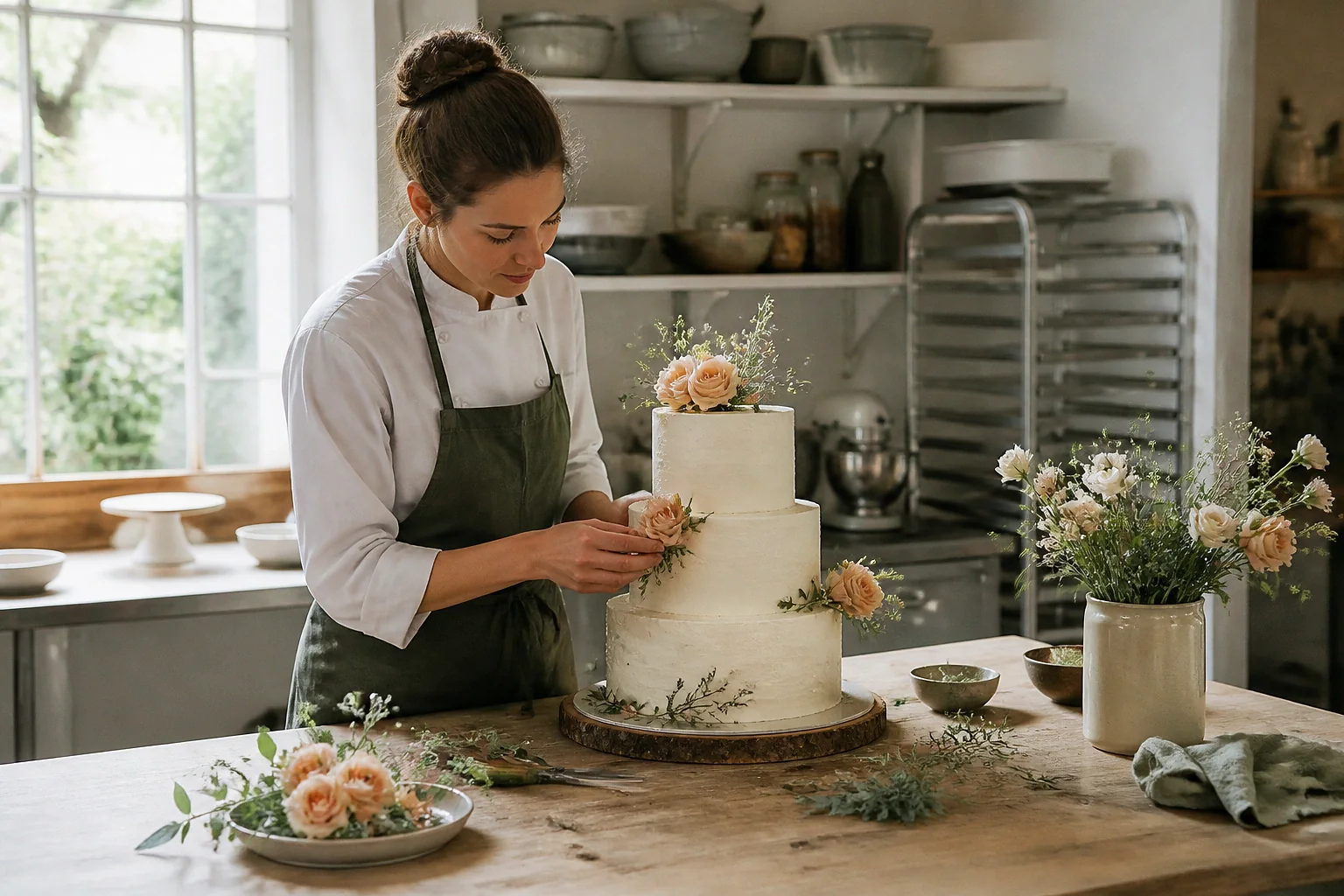 Gâteau de mariage préparé dans un atelier — illustration générée par IA