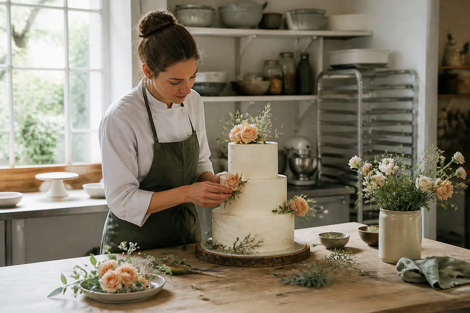 Gâteau de mariage préparé dans un atelier — illustration générée par IA