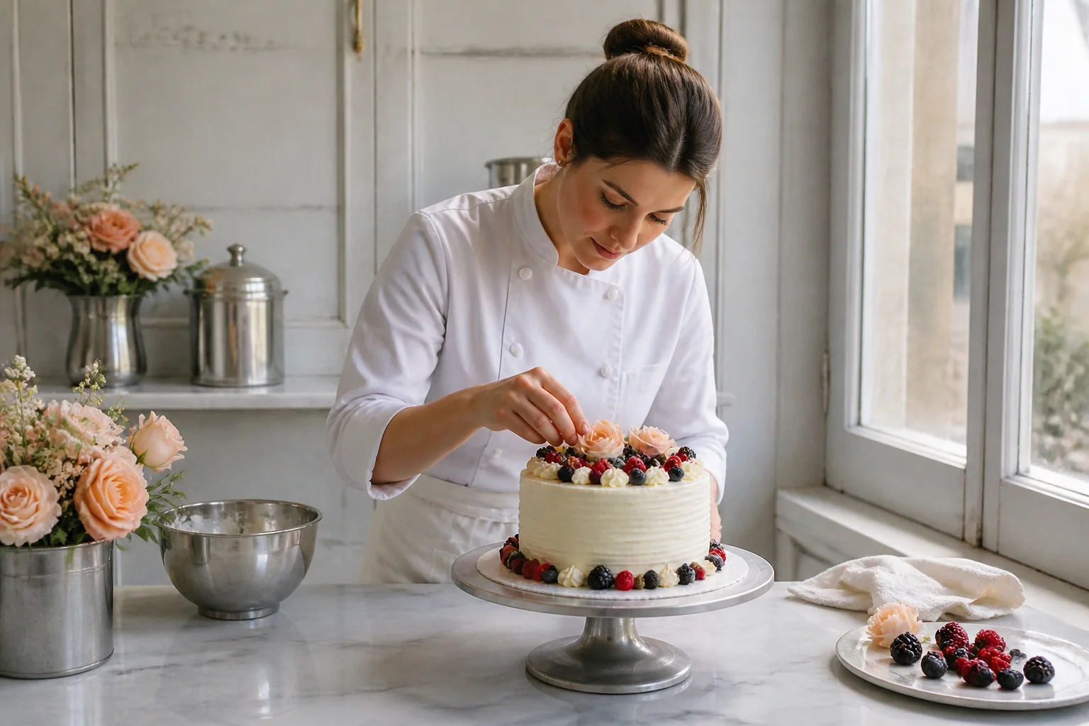 Gâteau de mariage préparé dans un atelier — illustration générée par IA
