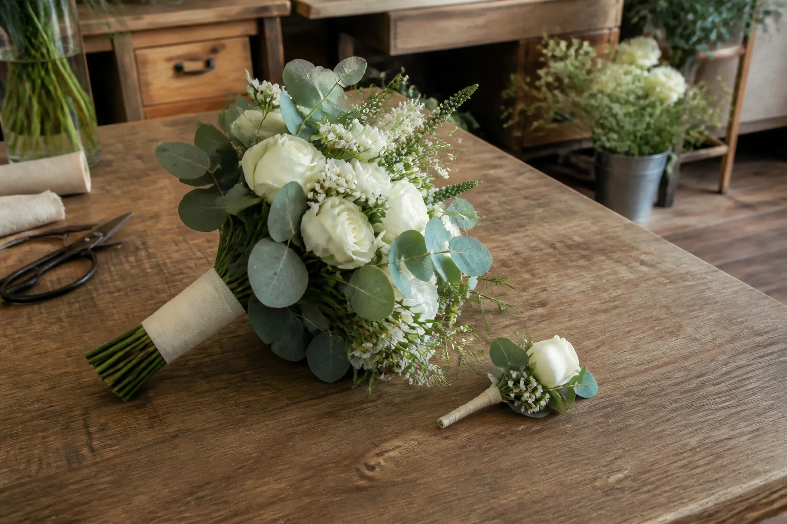 Préparation florale pour un mariage — illustration générée par IA