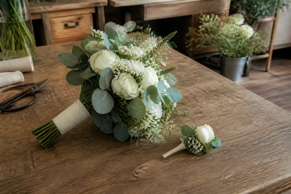 Préparation florale pour un mariage — illustration générée par IA