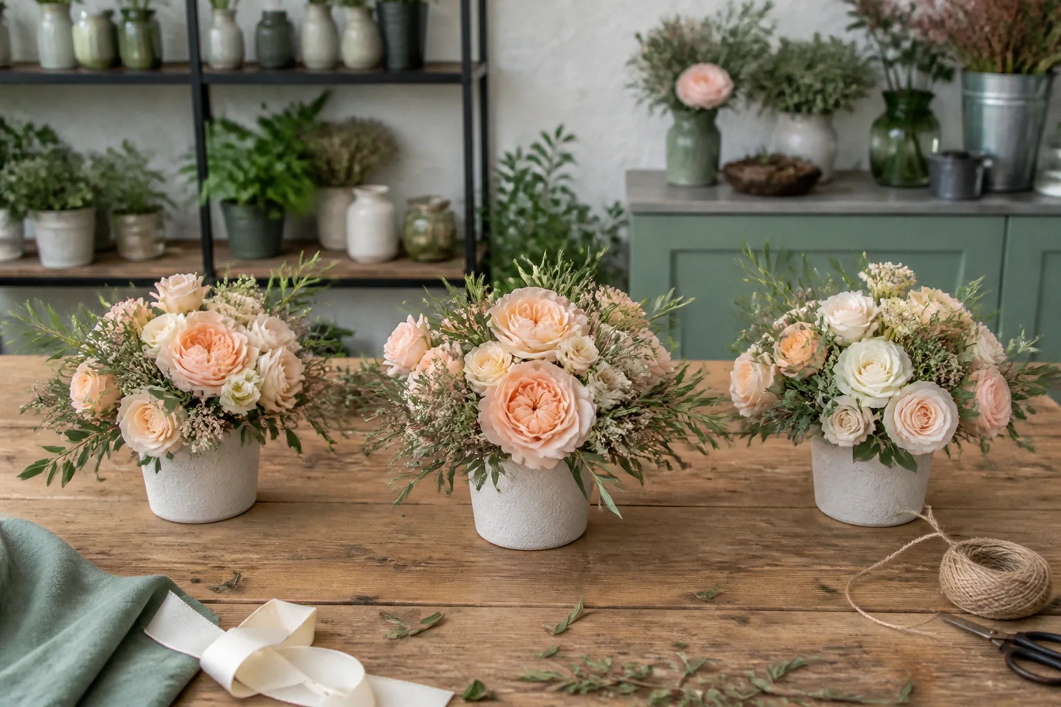 Préparation florale pour un mariage — illustration générée par IA