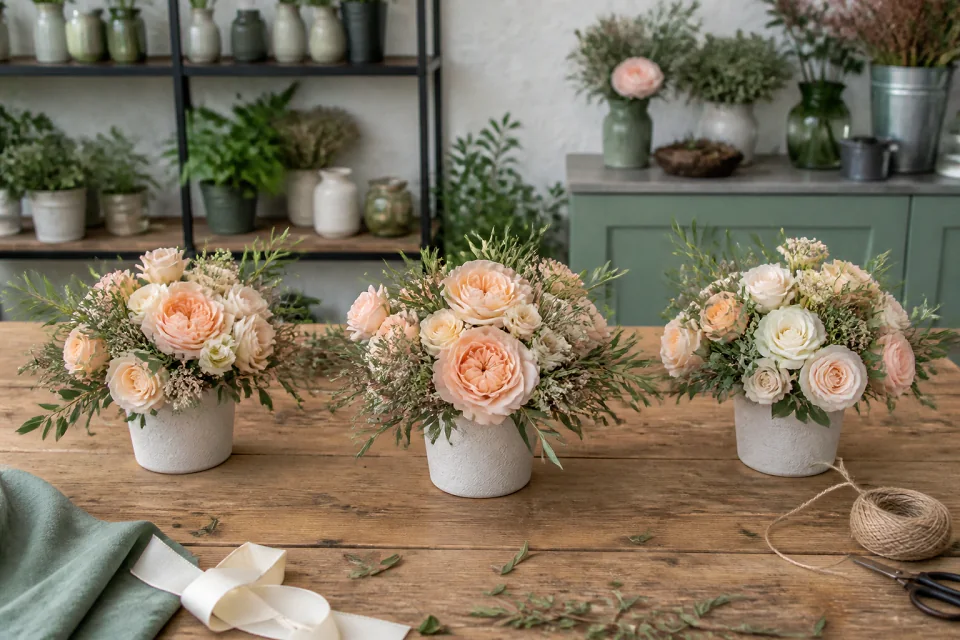 Préparation florale pour un mariage — illustration générée par IA