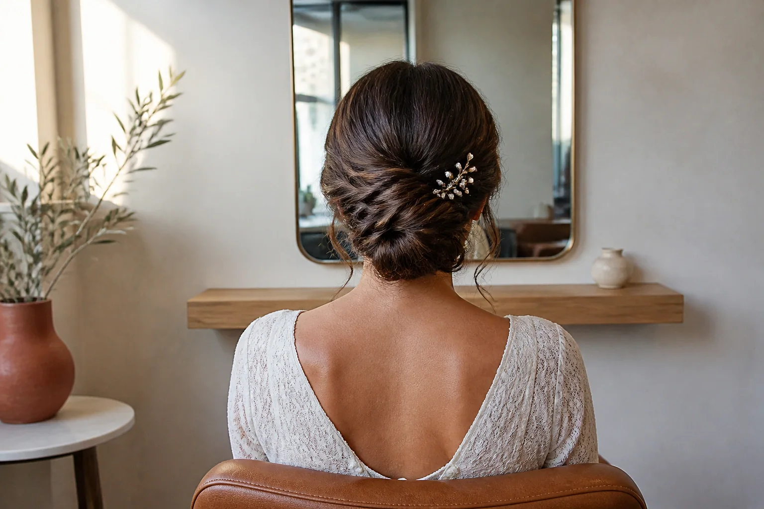 Coiffure de cérémonie vue pendant la préparation — illustration générée par IA