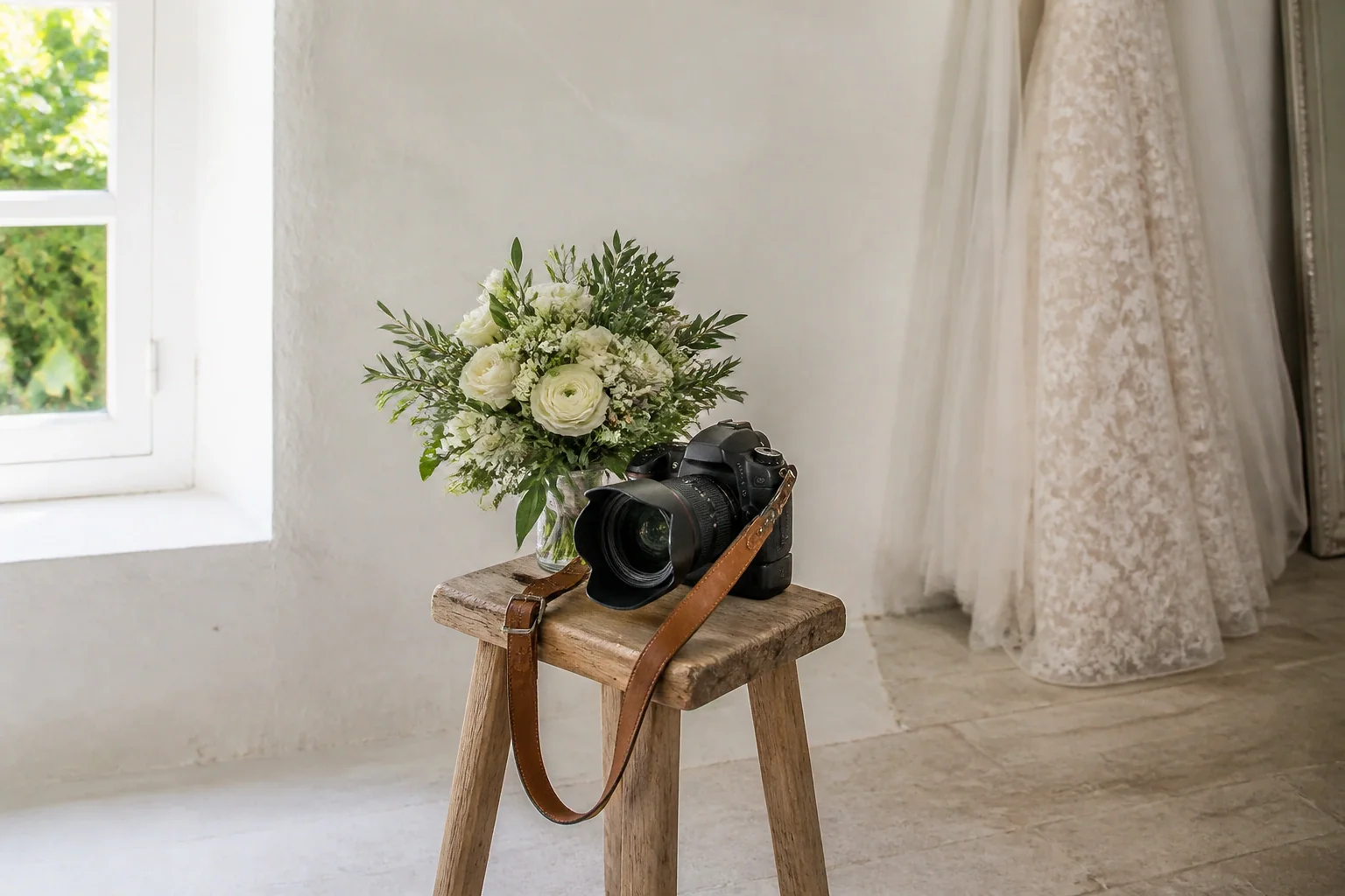 Appareil photo et accessoires de reportage de mariage — illustration générée par IA