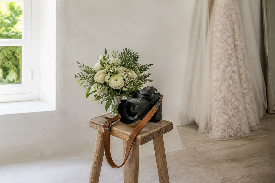 Appareil photo et accessoires de reportage de mariage — illustration générée par IA