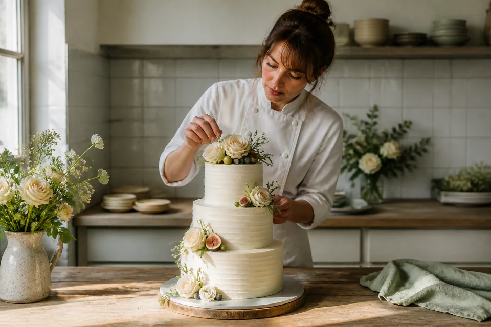 Gâteau de mariage préparé dans un atelier — illustration générée par IA
