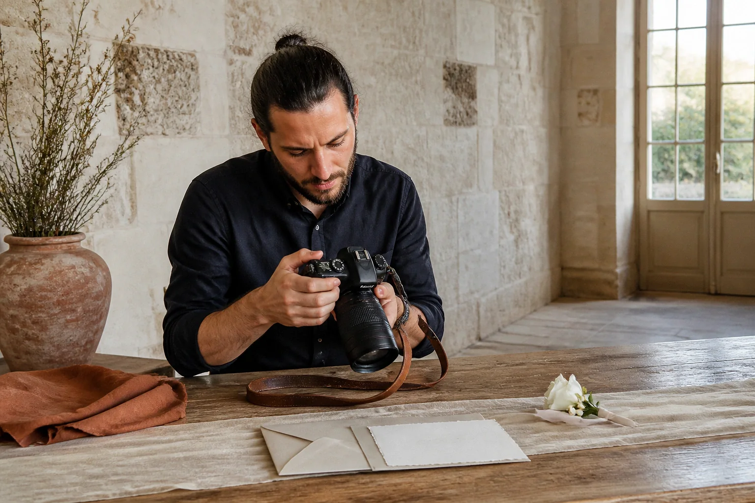 Appareil photo et accessoires de reportage de mariage — illustration générée par IA