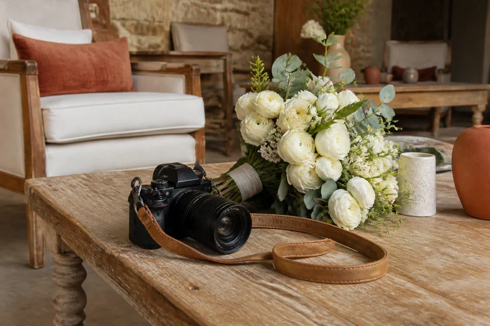 Appareil photo et accessoires de reportage de mariage — illustration générée par IA