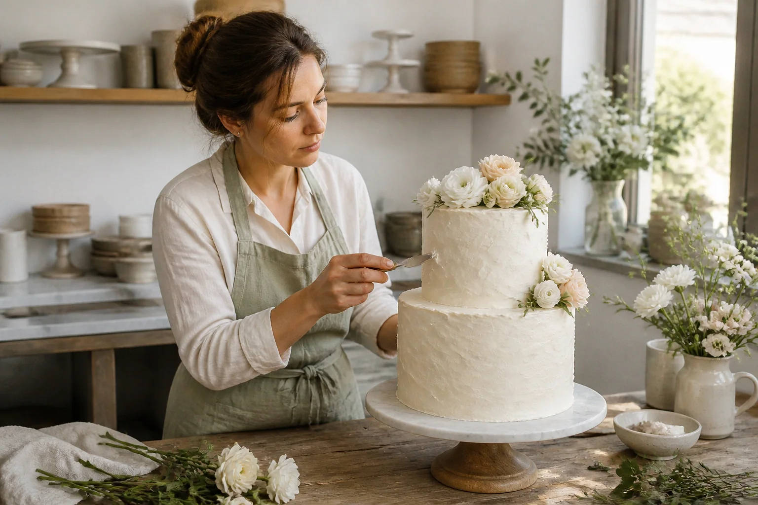 Gâteau de mariage préparé dans un atelier — illustration générée par IA