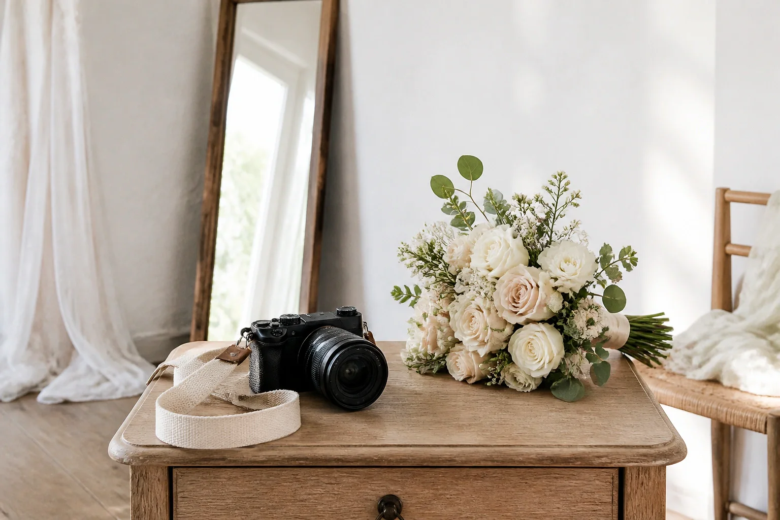 Appareil photo et accessoires de reportage de mariage — illustration générée par IA