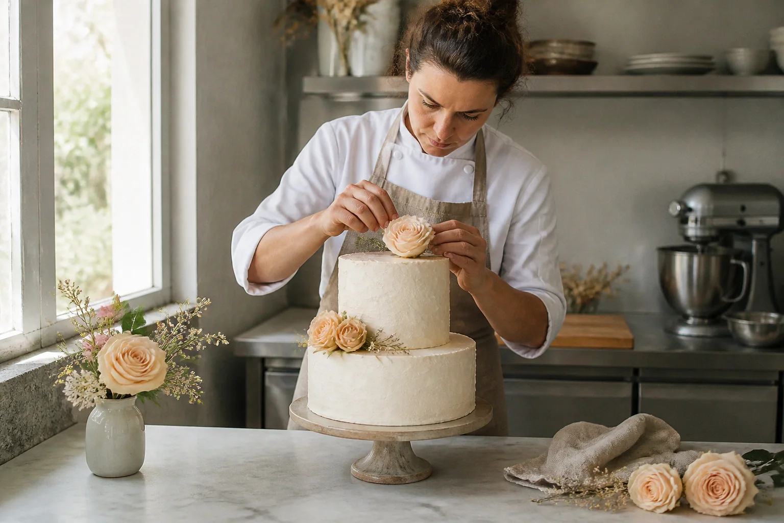 Gâteau de mariage préparé dans un atelier — illustration générée par IA
