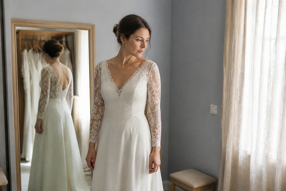 Robe de mariée dans un atelier de confection — illustration générée par IA