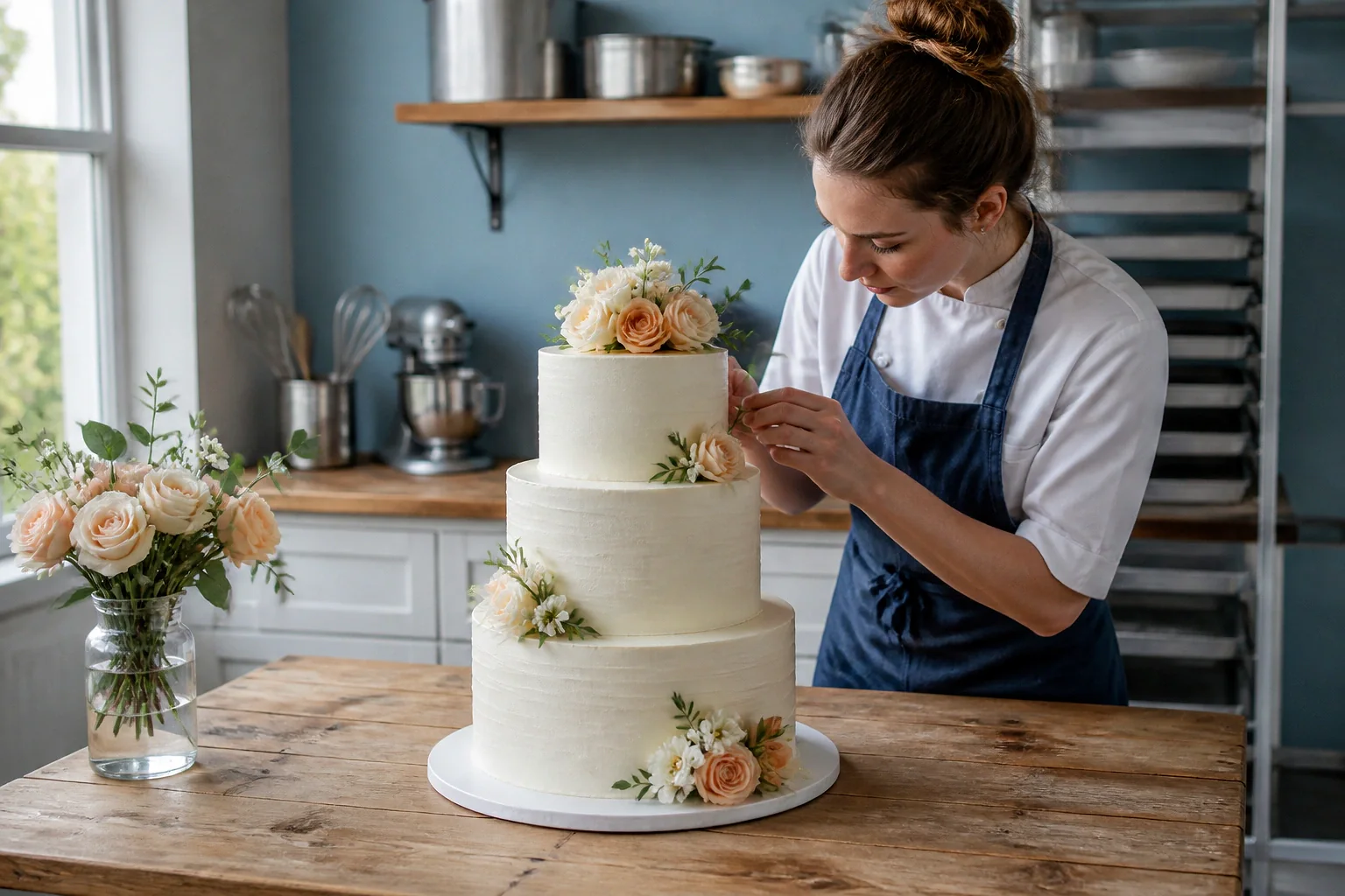 Gâteau de mariage préparé dans un atelier — illustration générée par IA
