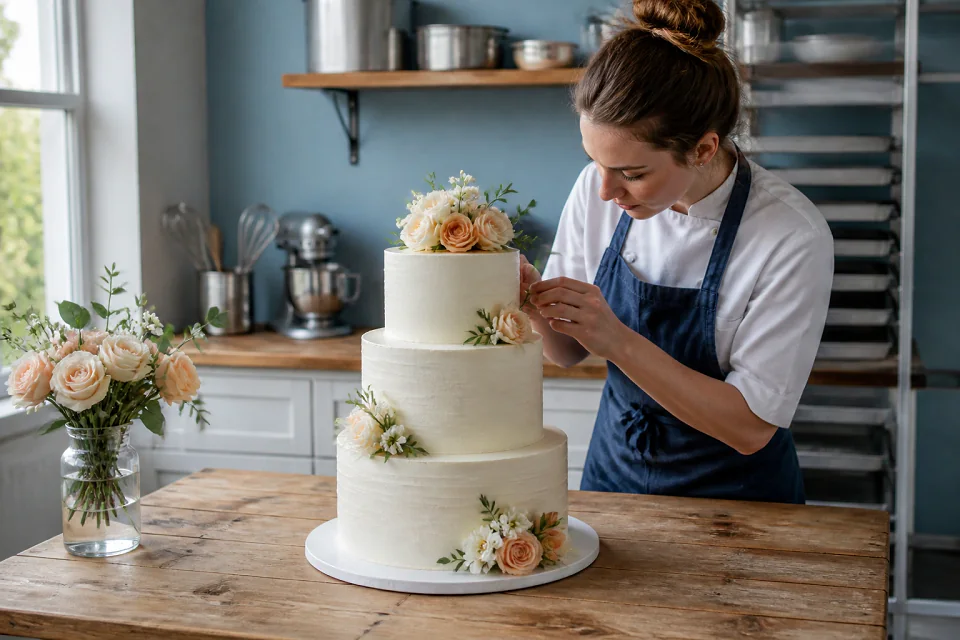 Gâteau de mariage préparé dans un atelier — illustration générée par IA