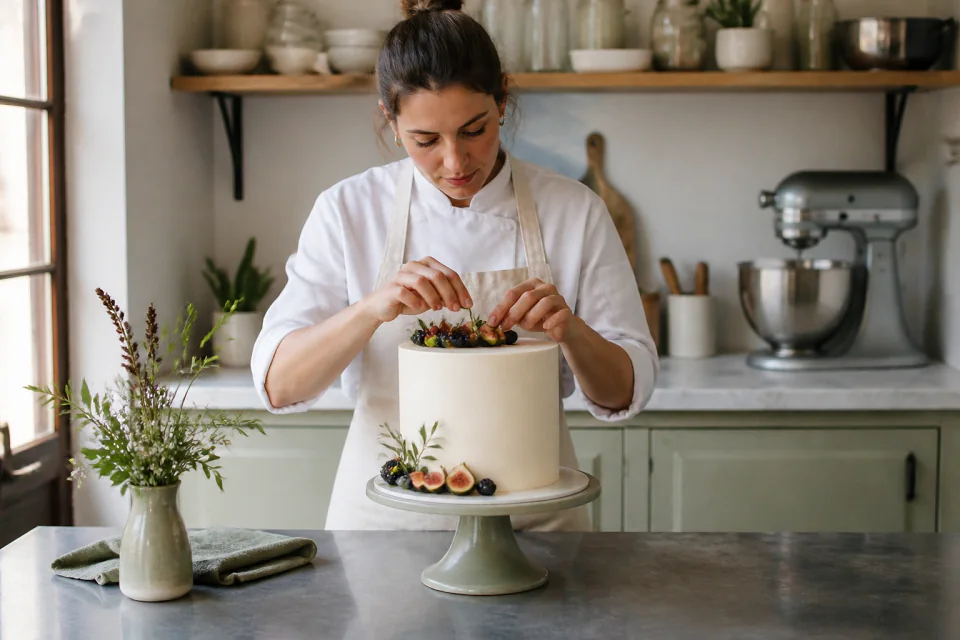 Gâteau de mariage préparé dans un atelier — illustration générée par IA