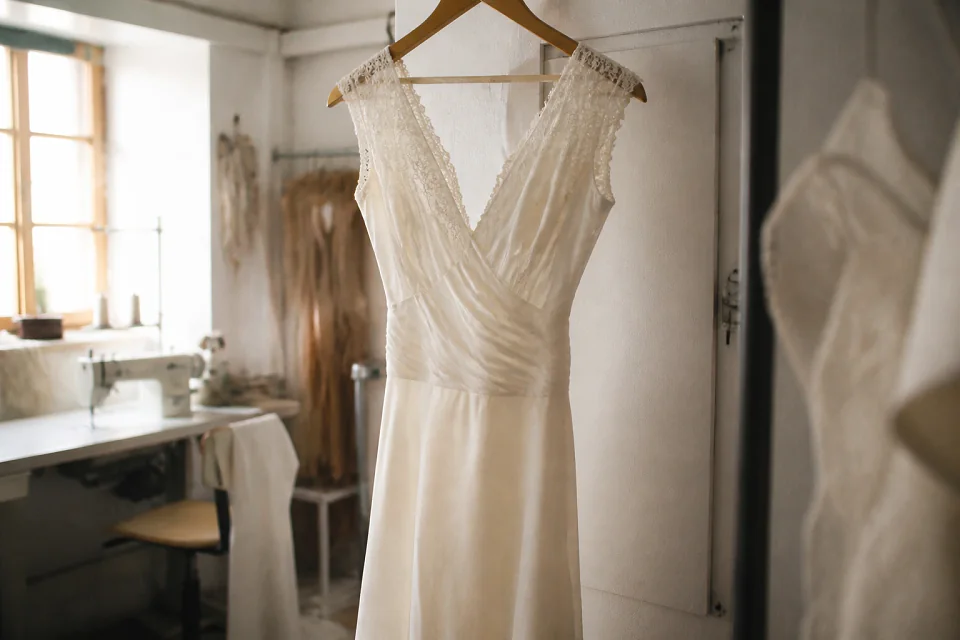 Robe de mariée dans un atelier de confection — illustration générée par IA