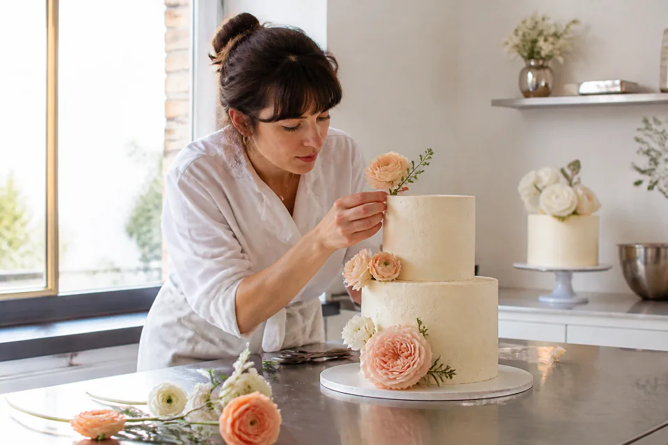 Gâteau de mariage préparé dans un atelier — illustration générée par IA