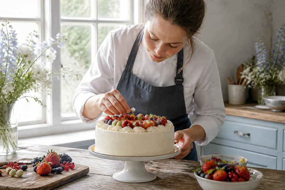 Gâteau de mariage préparé dans un atelier — illustration générée par IA