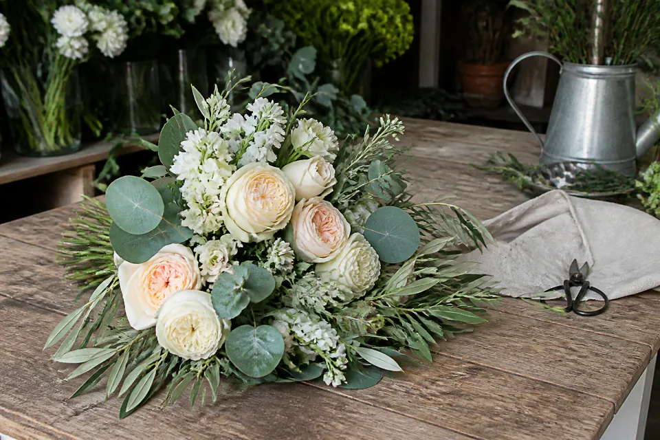 Préparation florale pour un mariage — illustration générée par IA