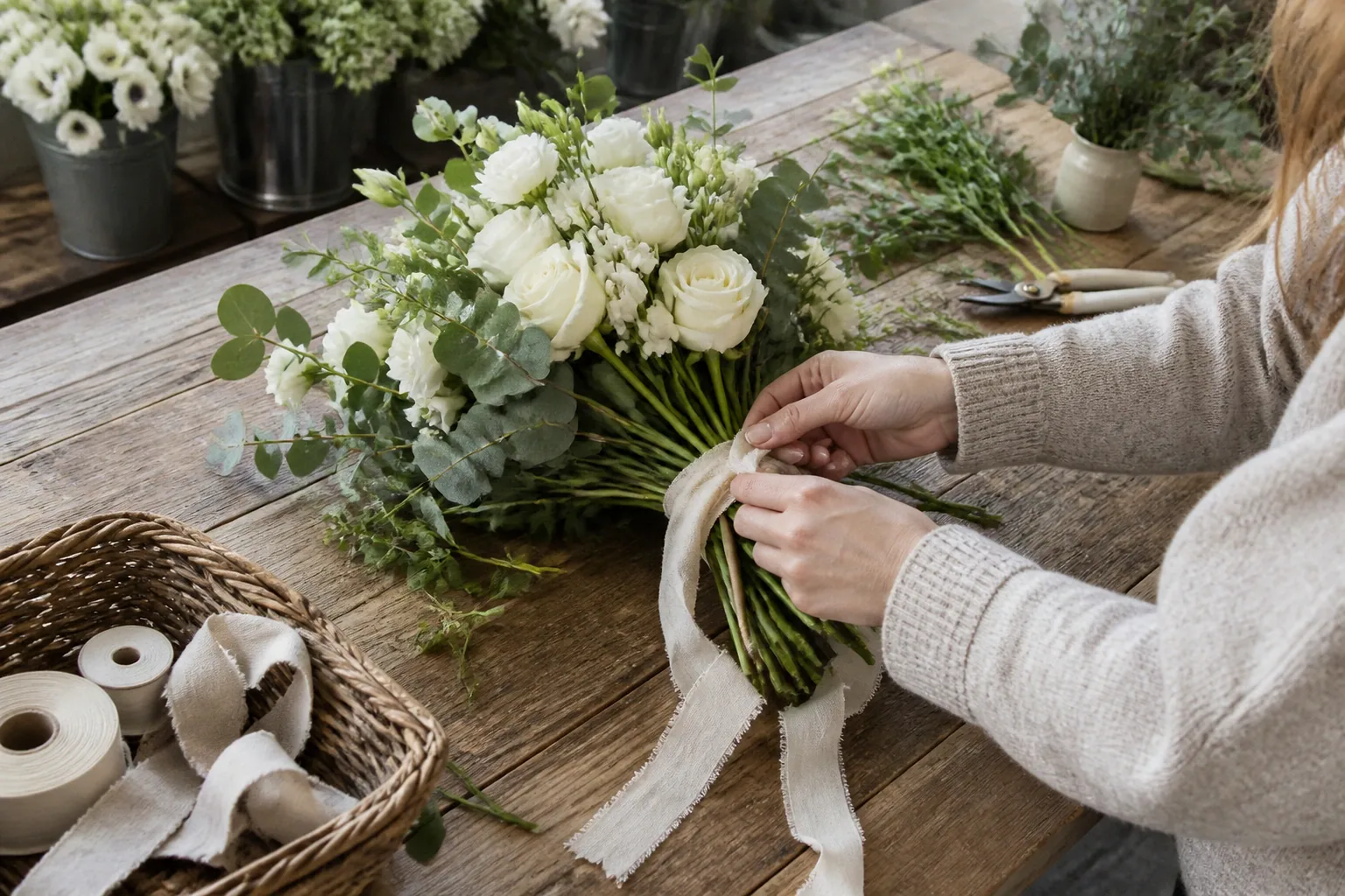 Préparation florale pour un mariage — illustration générée par IA