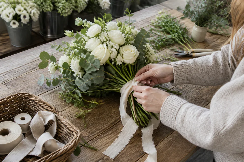 Préparation florale pour un mariage — illustration générée par IA