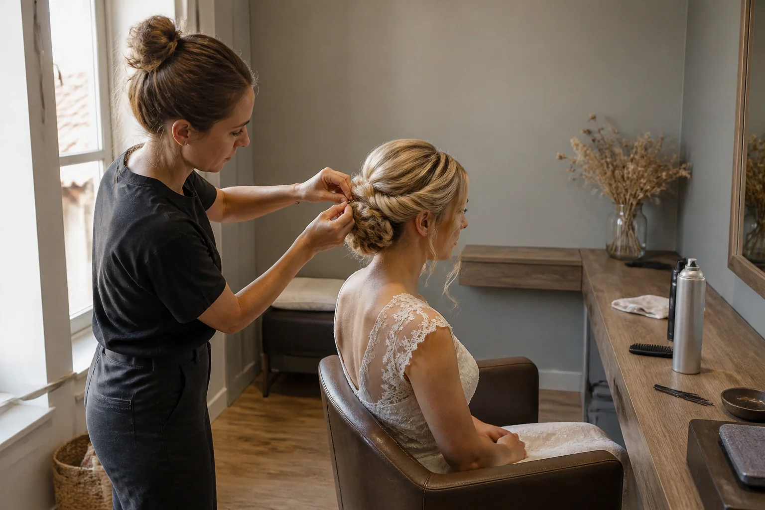 Coiffure de cérémonie vue pendant la préparation — illustration générée par IA