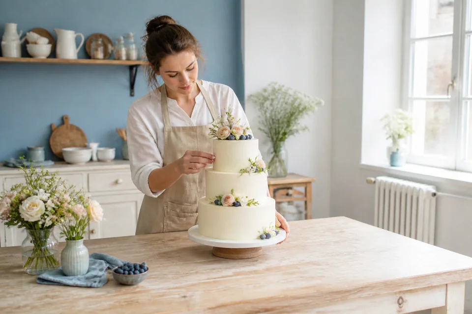 Gâteau de mariage préparé dans un atelier — illustration générée par IA