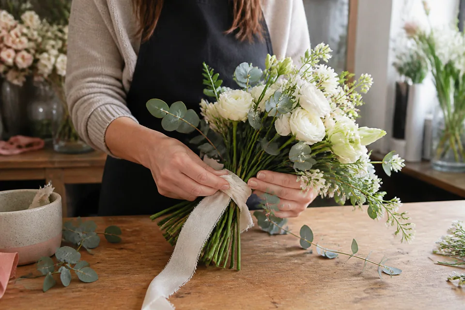 Préparation florale pour un mariage — illustration générée par IA