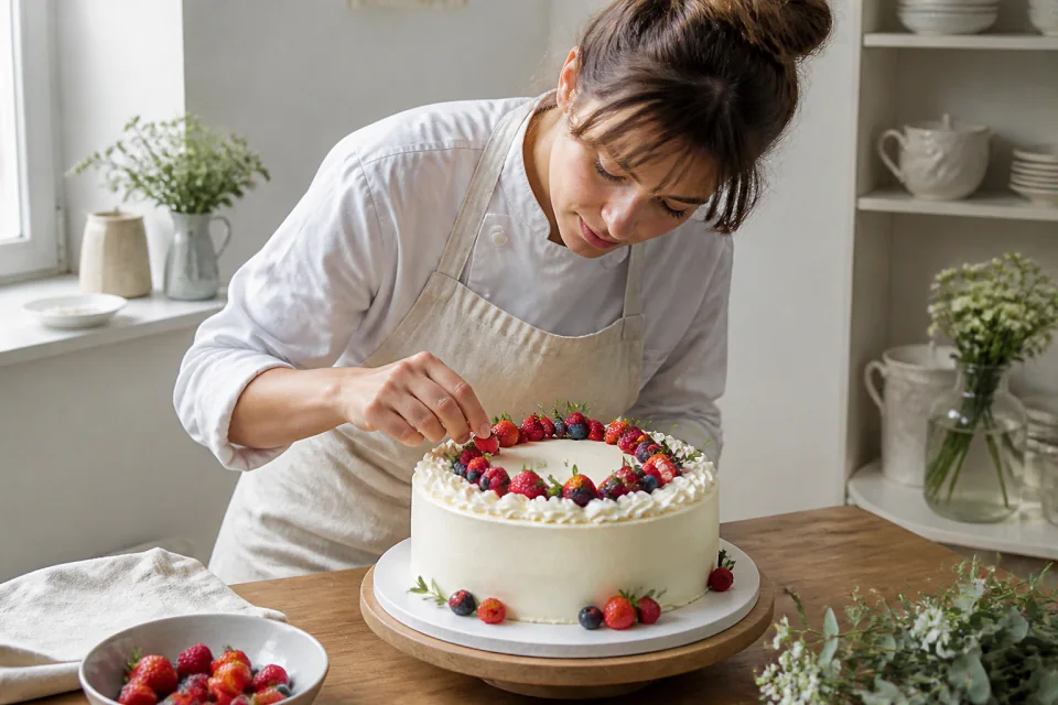 Gâteau de mariage préparé dans un atelier — illustration générée par IA