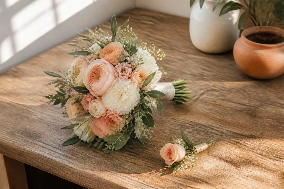 Préparation florale pour un mariage — illustration générée par IA