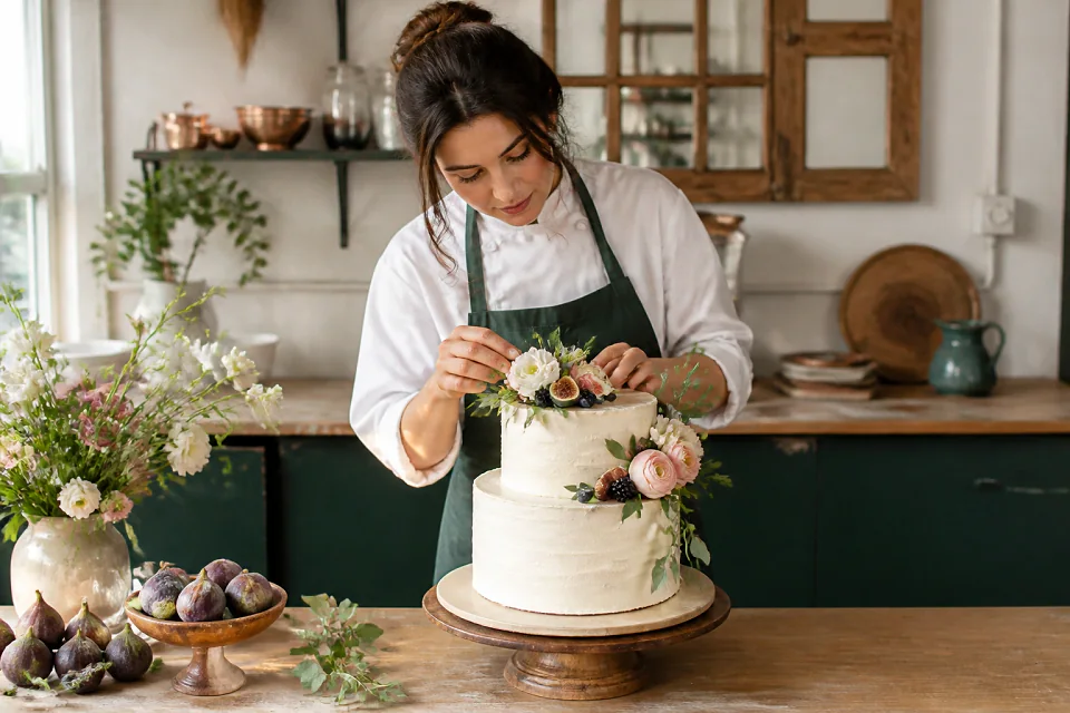 Gâteau de mariage préparé dans un atelier — illustration générée par IA