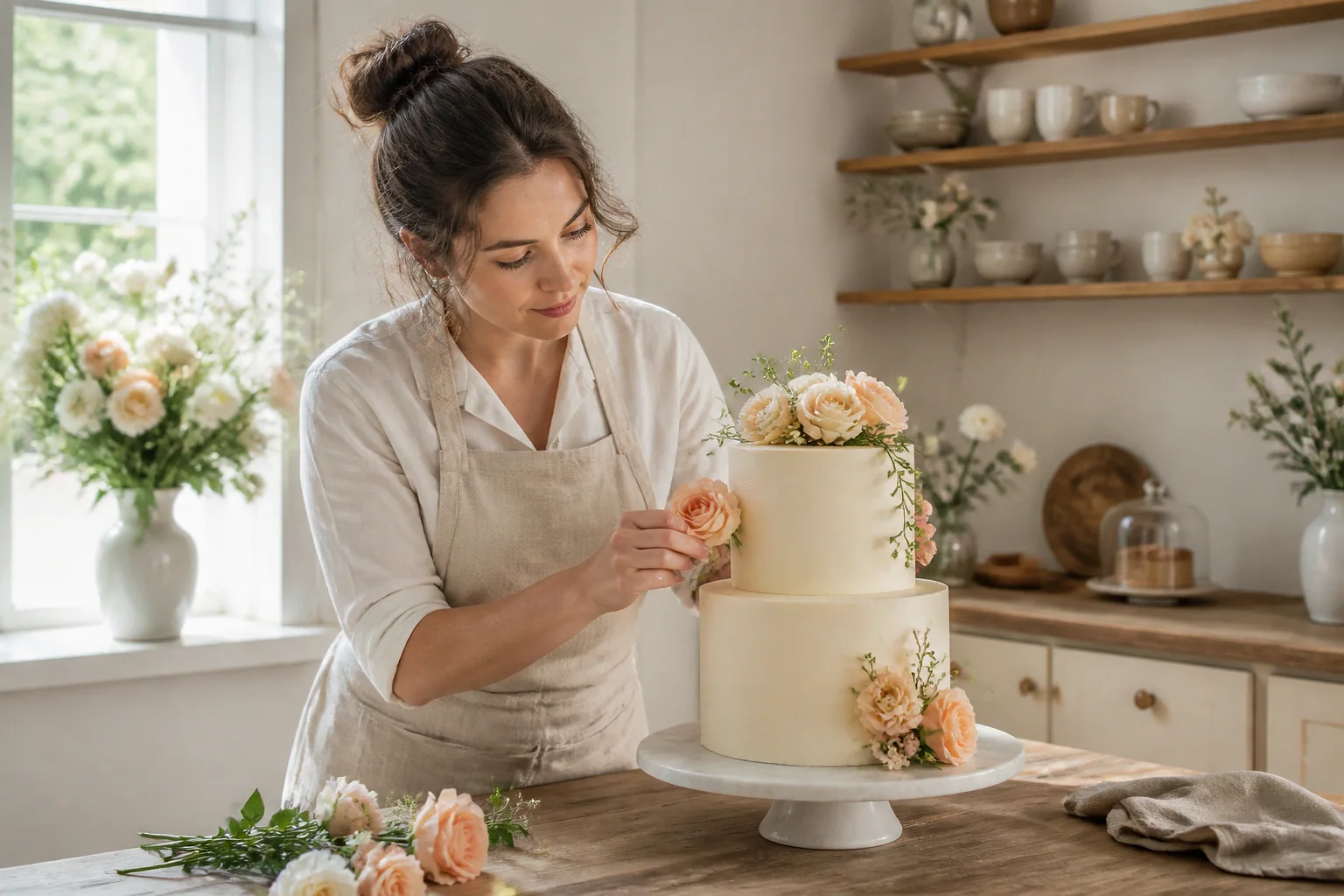 Gâteau de mariage préparé dans un atelier — illustration générée par IA